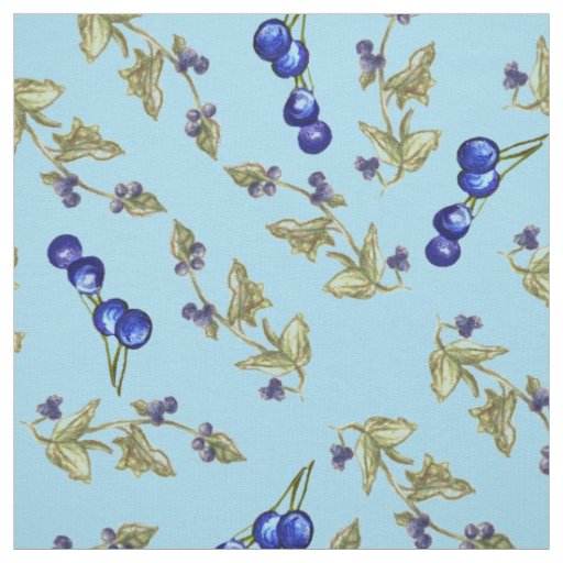 Blueberries Stemmed Leaves Sky Blue Background Fabric