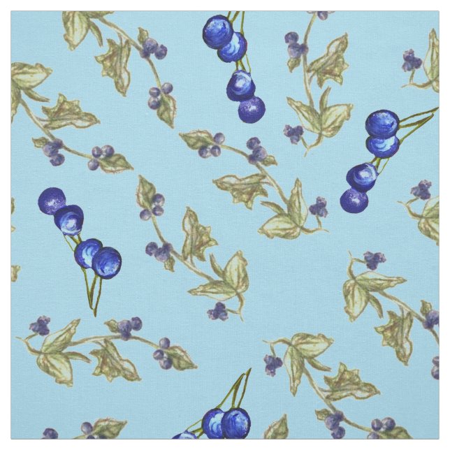 Blueberries Stemmed Leaves Sky Blue Background Fabric (Swatch)