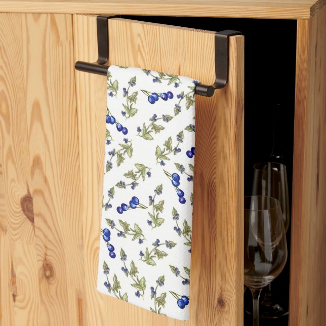 Blueberries Stemmed Leaves White Background Kitchen Towel (Thirds Fold)