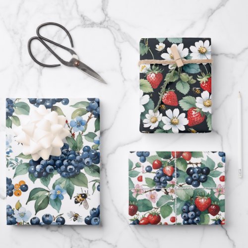 Blueberries Strawberries Bees and Butterflies Wrapping Paper Sheets