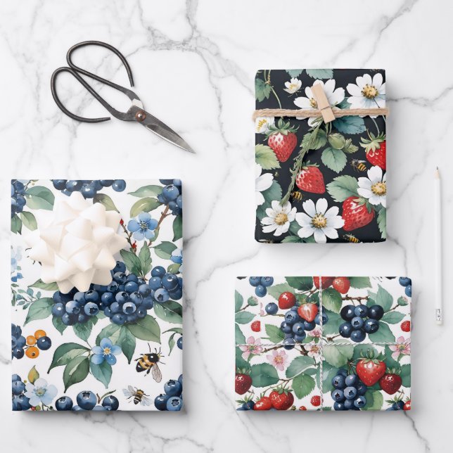 Blueberries Strawberries Bees and Butterflies Wrapping Paper Sheets (Front)