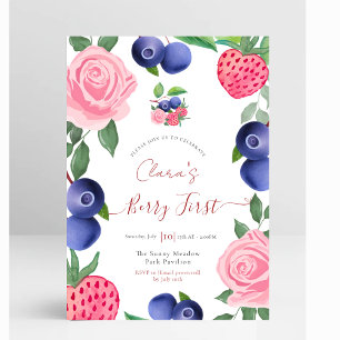 Blueberries & Strawberries Frame with Pink Roses Invitation