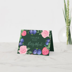 Blueberries & Strawberries Frame with Pink Roses Letterpress Thank You Card