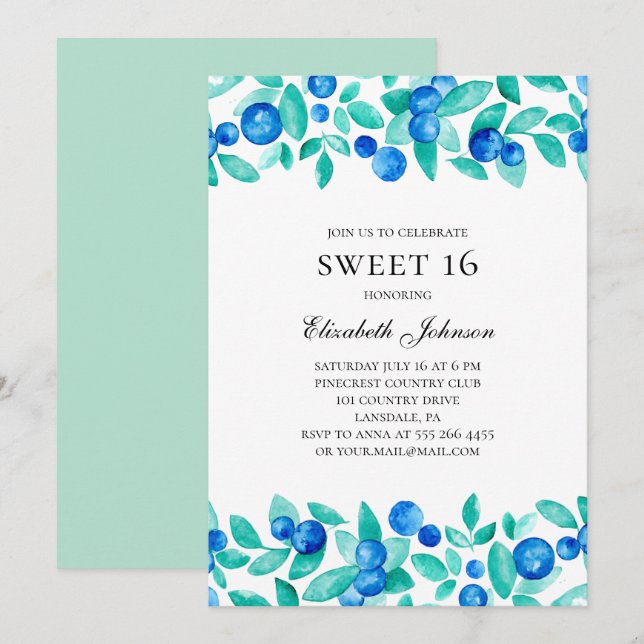 Blueberries sweet 16. Mint and blue 16th birthday Invitation (Front/Back)