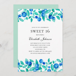 Blueberries sweet 16. Mint and blue 16th birthday Invitation