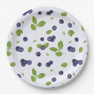 Blueberries Watercolor Blueberry Blossoms Foliage Paper Plates