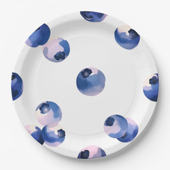 Blueberries Watercolor Pattern  Paper Plates (Front)