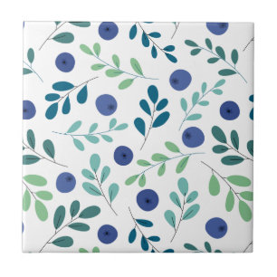 Blueberries with Green Leaves Pattern Ceramic Tile