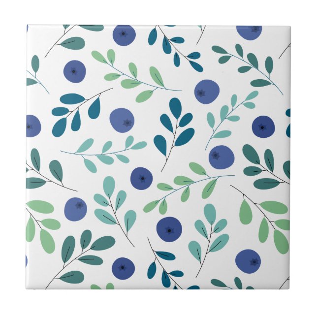 Blueberries with Green Leaves Pattern Ceramic Tile (Front)