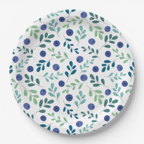 Blueberries with Green Leaves Pattern Paper Plates