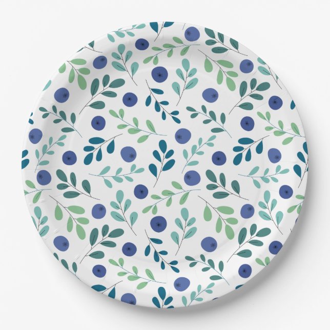 Blueberries with Green Leaves Pattern Paper Plates (Front)