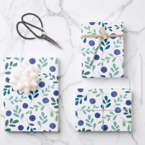 Blueberries with Green Leaves Pattern Wrapping Paper Sheets