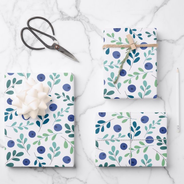 Blueberries with Green Leaves Pattern Wrapping Paper Sheets (Front)