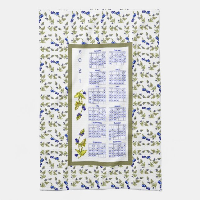 Blueberries with stemmed leaves border kitchen towel (Vertical)