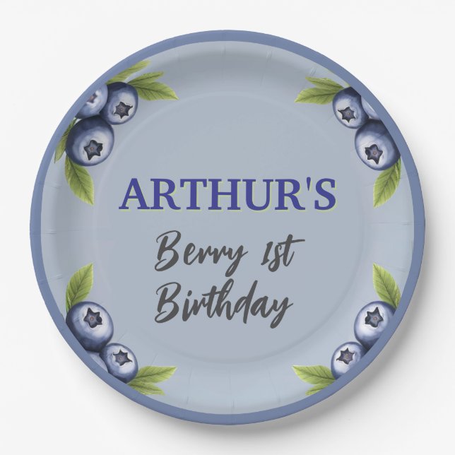 Blueberry 1st birthday baby boy first paper plates (Front)