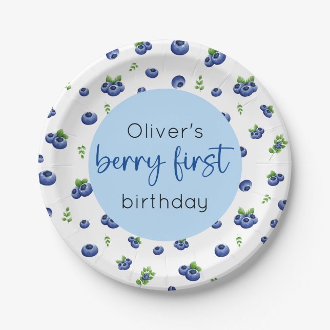 Blueberry 1st Birthday Berry First Paper Plates (Front)
