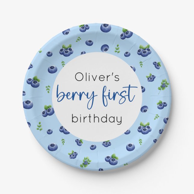 Blueberry 1st Birthday Berry First Paper Plates (Front)