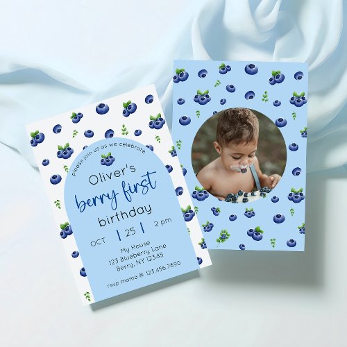 Blueberry 1st Birthday Berry First Photo Invitation