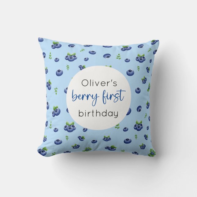 Blueberry 1st Birthday Berry First Throw Pillow (Front)