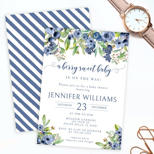 Blueberry a berry sweet baby boy shower invitation