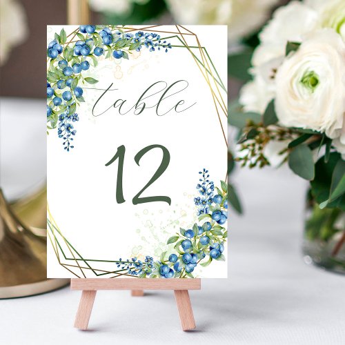Blueberry and Blue Wildflowers with Faux Gold Foil Table Number