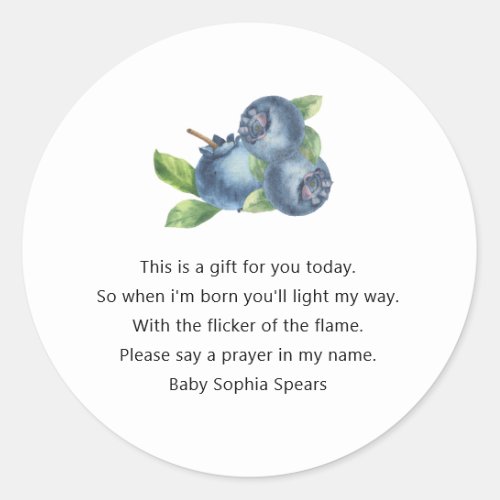 Blueberry baby shower _ Prayer candle label