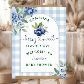 Blueberry Baby Shower Welcome Sign: Blue Gingham Foam Board