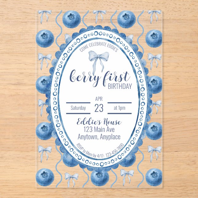 Blueberry Baby's Berry First 1st Birthday Party Acrylic Invitations (Front)
