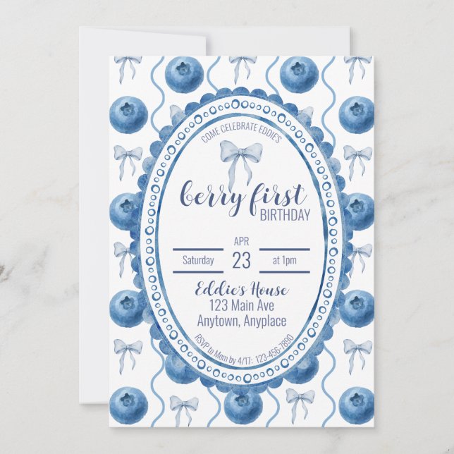 Blueberry Baby's Berry First 1st Birthday Party Invitation (Front)