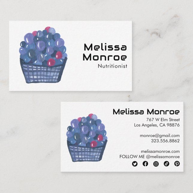 Blueberry Basket Charming Watercolor Cute Fruit Business Card (Front/Back)