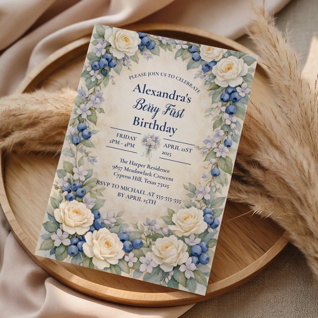 Blueberry Berry Botanical 1st Birthday Invitation (Creator Uploaded)