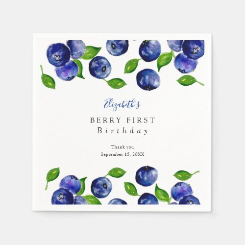 Blueberry Berry First Birthday Watercolor Cute Napkins