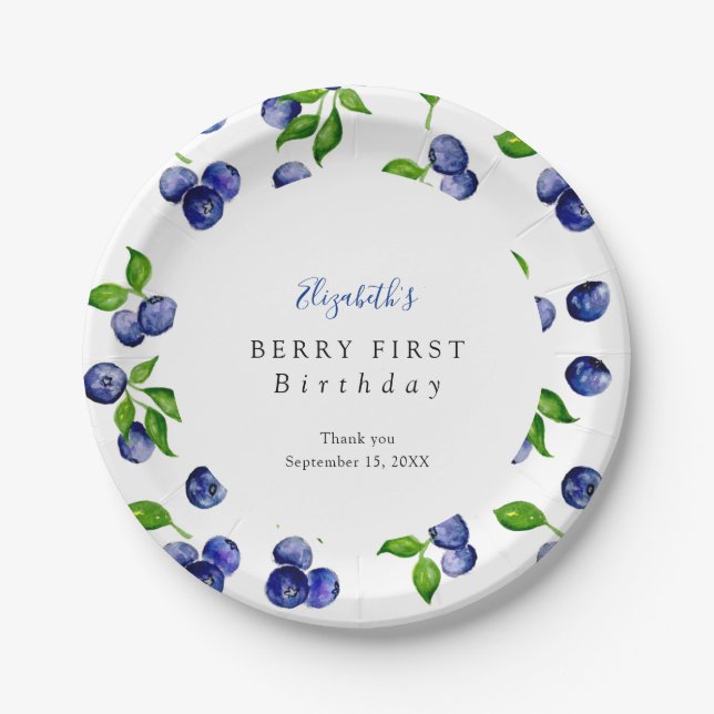 Blueberry Berry First Birthday Watercolor Cute  Paper Plates (Front)