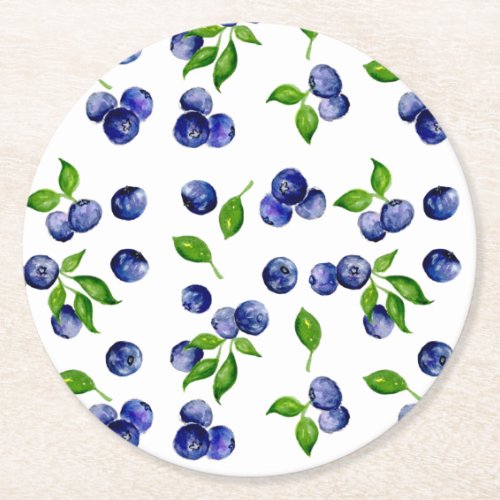 Blueberry Berry First Birthday Watercolor Pattern Round Paper Coaster
