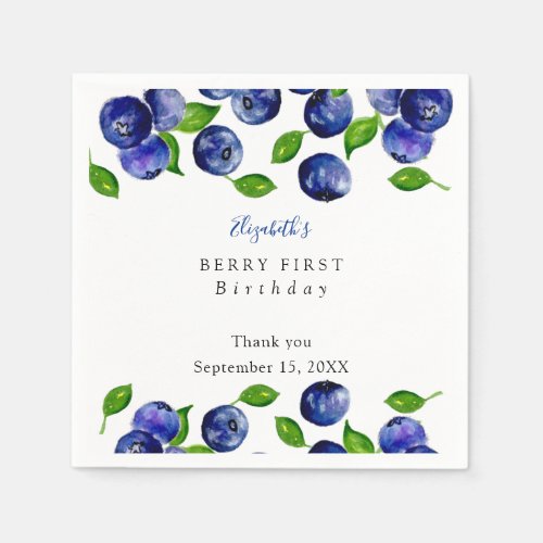 Blueberry Berry First Birthday Watercolor Simple   Napkins
