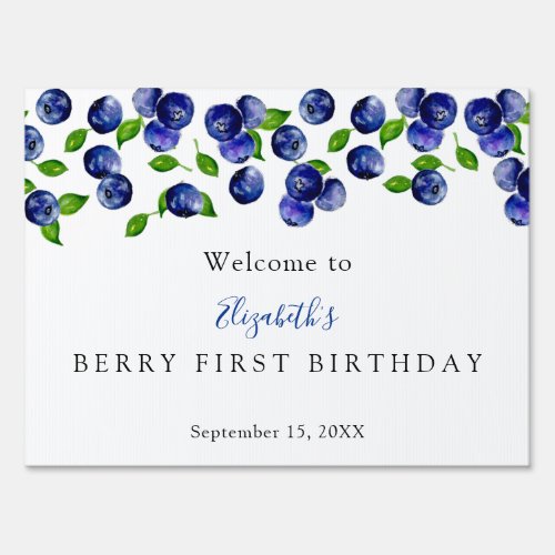 Blueberry Berry First Birthday Welcome Watercolor  Sign