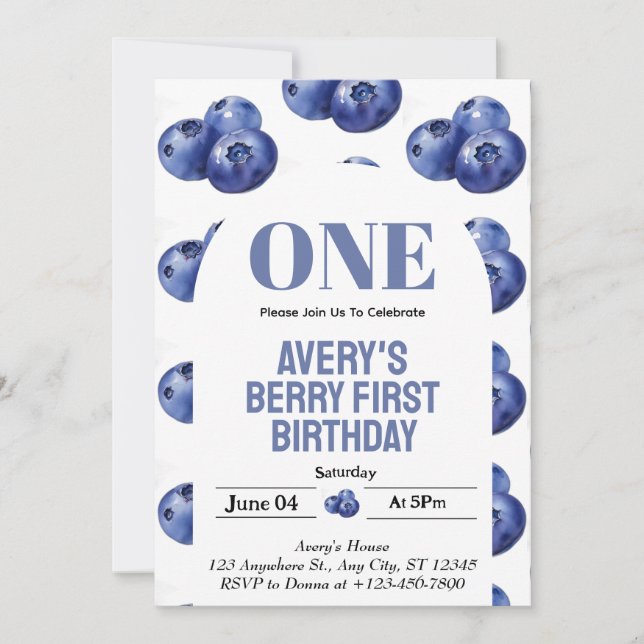 Blueberry Berry First Girl 1st Birthday  Invitation (Front)