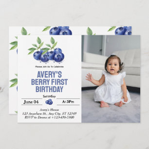 Blueberry Berry First Girl 1st Birthday Photo Invitation