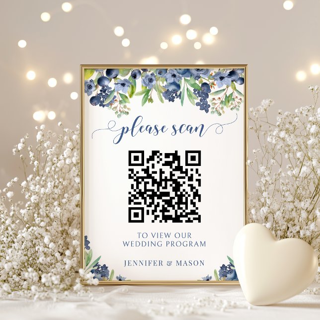 Blueberry Berry Floral Wedding Program QR Code Poster (Creator Uploaded)
