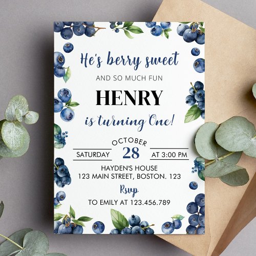 Blueberry Berry Sweet 1st Birthday Invitation