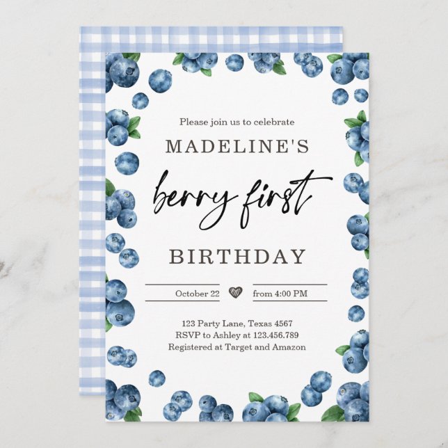 Blueberry Berry Sweet 1st First Birthday Invitation (Front/Back)