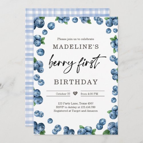 Blueberry Berry Sweet 1st First Birthday Invitation