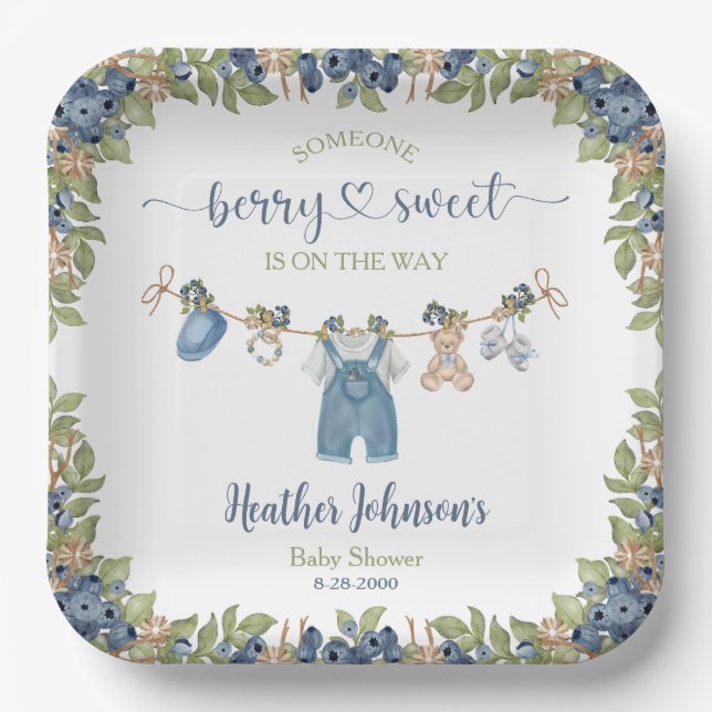 Blueberry Berry Sweet Clothesline Baby Shower Paper Plates (Front)