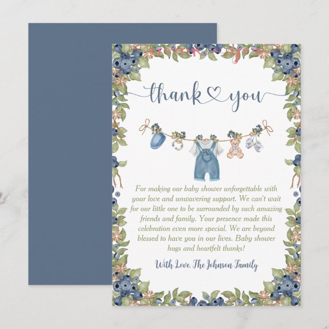 Blueberry Berry Sweet Clothesline Baby Shower Thank You Card (Front/Back)