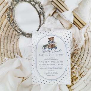 Blueberry Berry Sweet Dusty Blue Boy Baby Shower Invitation