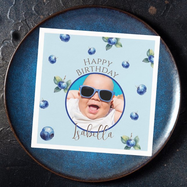 Blueberry Berry Sweet Photo Boy Birthday Party Napkins (Creator Uploaded)