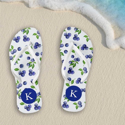 Blueberry Berry Watercolor Pattern Monogram Fruit Flip Flops