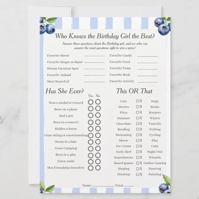 Blueberry Birthday girl Trivia Trio Game card | Zazzle