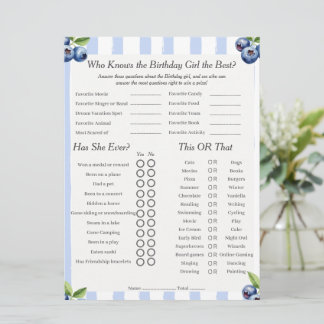 Blueberry Birthday girl Trivia Trio Game card