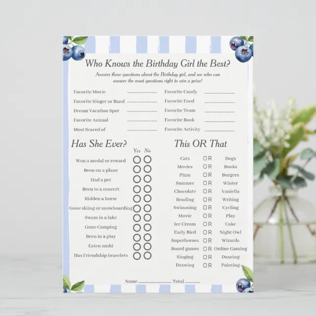 Blueberry Birthday girl Trivia Trio Game card | Zazzle